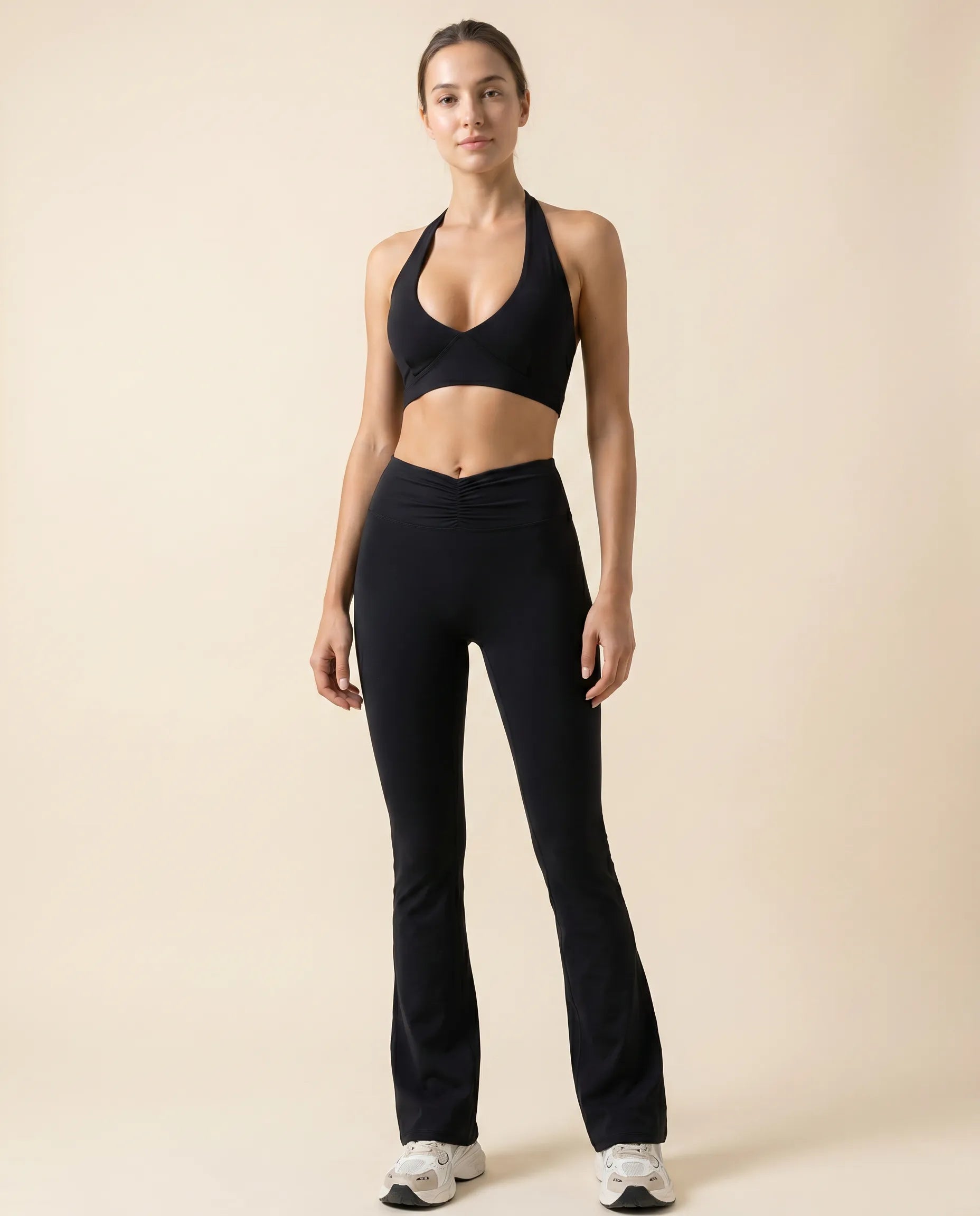 Numan Halter Bra & Flare Leggings Set - Black standing