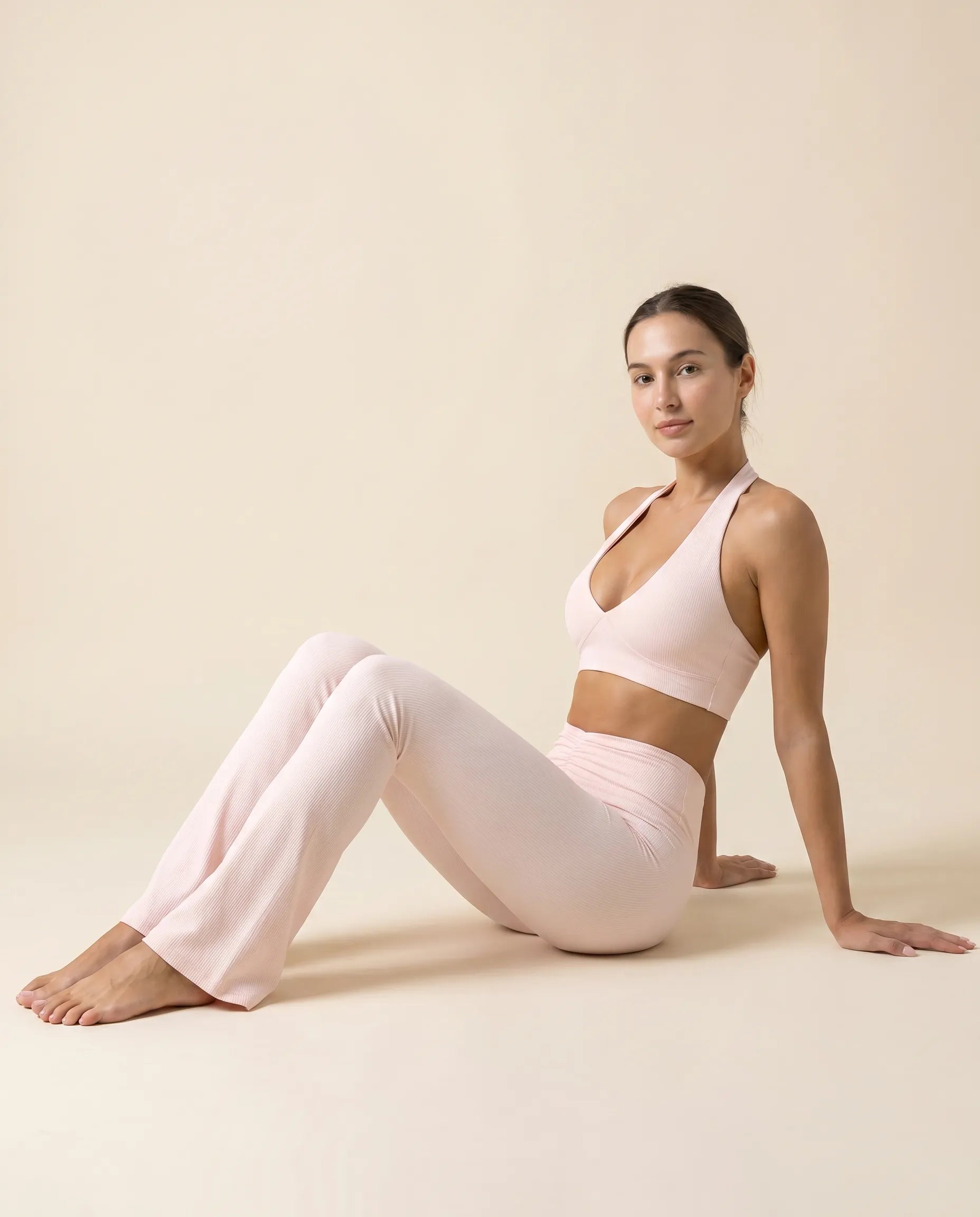 Numan Halter Bra & Flare Leggings Set - Cherry Blossom Powder seated