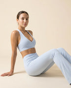 Numan Halter Bra & Flare Leggings Set - Cloud Blue seated